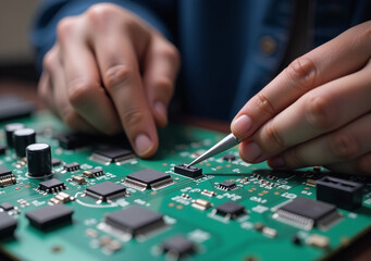 Fototapeta premium soldering circuit part electrical engineering coursework students learning electronics