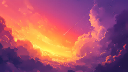 A vibrant sunset sky painted in hues of orange pink and purple with wispy clouds adding depth and texture. Sunrise. Illustration