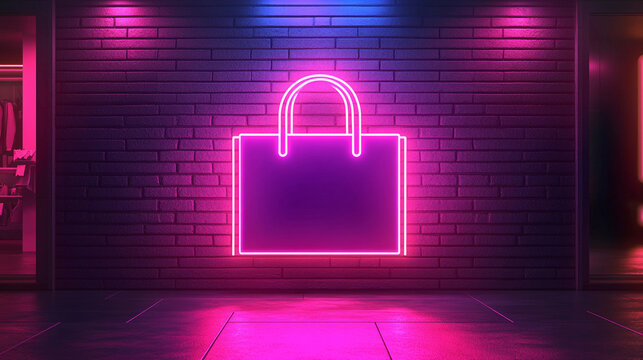 A clean line bright pink neon sign in shape of shopping bag or purse on simple brick wall glowing Black Friday Cyber Monday sale concept
