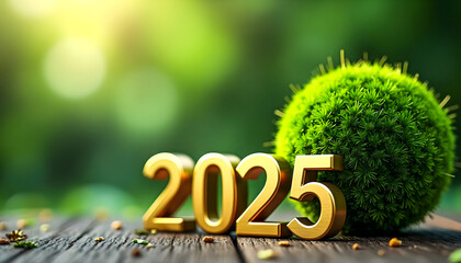 Golden 2025 numerals with a green moss sphere, New Year's start
