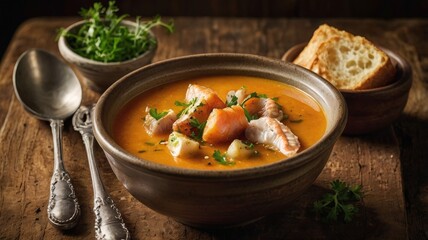 Rich Fish Soup (Soupe de Poisson) with Aioli and Golden Croutons in Rustic Bowl