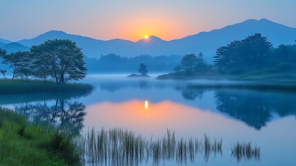 Obraz premium Serene Sunrise Over Misty Mountain Lake