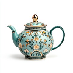 A beautifully designed porcelain teapot featuring intricate floral patterns and a vibrant turquoise color, perfect for tea lovers.