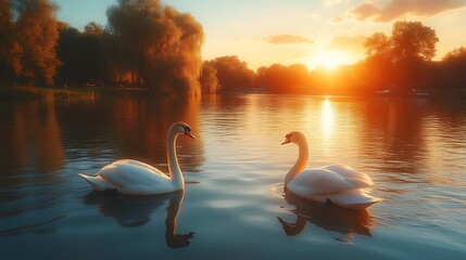 Fototapeta premium Two Swans Gracefully Swim at Sunset Over Calm Water