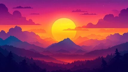 Fototapeta premium Dramatic glowing sunset sky with vibrant moody cloudy landscape. Sunrise. Illustration