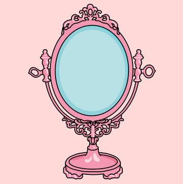 Vintage Royal Antique Empty Picture or Mirror Frame with Pink Background. Richly Decorated, Rococo Ornate Ornaments Front View Isolated Icon