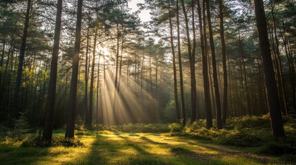 Obraz premium Sunbeams Illuminating a Serene Forest