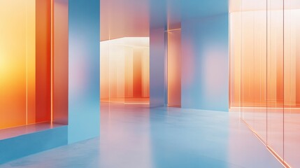 abstract blur modern interior inside entrance building of office in pale blue background with soft orange light effect concept.