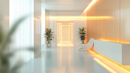 abstract blur modern interior inside entrance building of office in pale blue background with soft orange light effect concept.