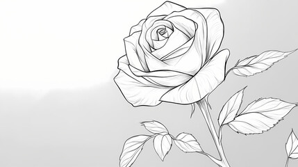 A black and white rose drawing, pen and ink sketch of a single rose,isolated on a transparent background. Sunrise. Illustration