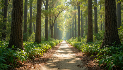 Obraz premium Cypress Swamp trail through a lush green cypress forest with dappled sunlight creating a tranquil atmosphere, inviting perspective shot of a sandy path lined with foliage