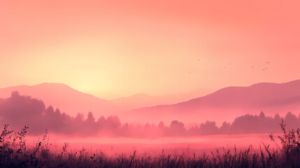 Obraz premium A misty sunrise over a field with mountains in the distance. Sunrise. Illustration