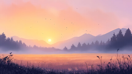 Fototapeta premium A misty sunrise over a field with mountains in the distance. Sunrise. Illustration