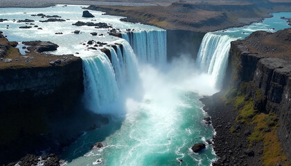 Roaring Waterfalls Cascading into Turquoise River with Black Rocks and Mist Creating a Striking Aerial Landscape