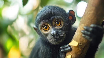 Obraz premium Adorable baby monkey with captivating amber eyes clinging to a tree branch in a lush green forest.