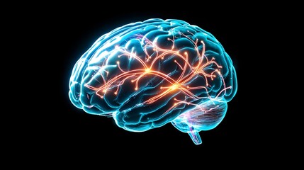 glowing human brain, neural network - ai