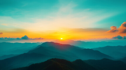 Fototapeta premium Serene mountain backdrop at sunrise with vibrant colors and soft clouds