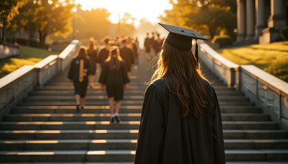 Graduating Student Ascending University Steps at Sunset