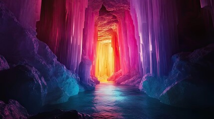 Vibrant Crystal Cave With Glowing Water Pathway