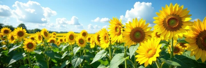 Obraz premium Massive sunflower field, towering blooms under blue sky, sunflowers, golden, bloom