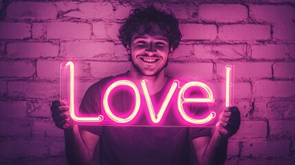 Young Man Holding Neon Love Sign Against Brick Wall