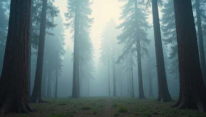 Fototapeta premium Misty forest of giant sequoias with ethereal fog enveloping towering trees, early morning light creating a tranquil atmosphere, leading to a serene pathway through the woods