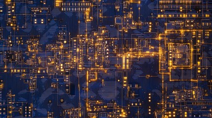 Abstract Digital Circuitry Glowing Orange Lines