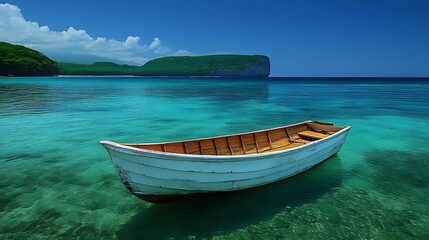 Naklejka premium Tranquil Seascape Featuring a Wooden Boat at Rest