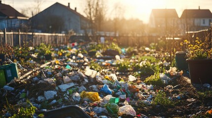 Waste Scattering in Community Garden During Soft Morning Light