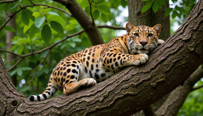 Leopard resting on tree branch surrounded by green leaves