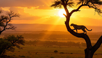 Cheetah silhouette against sunset in African landscape
