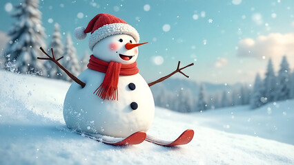 Fototapeta premium Cute snowman with ski in a snowy landscape