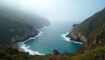 Fototapeta premium Serene panoramic cove surrounded by dramatic cliffs and lush vegetation with soft fog creating a mystical atmosphere, vibrant blue waters gently lapping at the shore