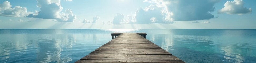 Fototapeta premium Empty wooden pier extends over calm sea, cloudy sky , blue, grey, view