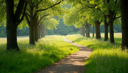 Fototapeta premium Quiet winding path through lush grassy meadow lined with tall trees in dappled sunlight, inviting atmosphere of tranquility and nature, perfect for leisurely strolls in Breezy Fields