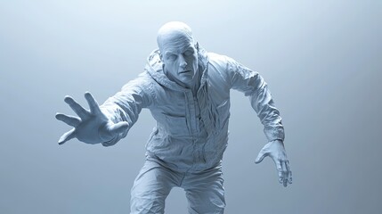 Sculpted man reaching out, monochromatic.