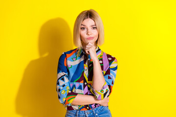 Photo portrait of lovely young lady look minded skeptical dressed stylish colorful garment isolated...