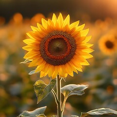 Fototapeta premium Field sunrise golden petals sunflower nature high resolution hd image