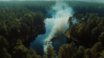 Aerial View of Smoke Rising from Dense Forest Near Lake