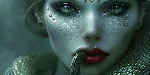 Enigmatic Snake Woman with Forked Tongue and Scales on Her Lips, Merging Human and Serpent Traits in a Mysterious and Powerful Transformation