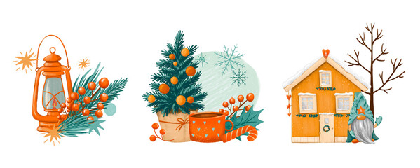 Compositions for stickers, postcards, patterns. Cozy winter compositions: lantern, house, gnome, cup, stars. Bright stylish compositions