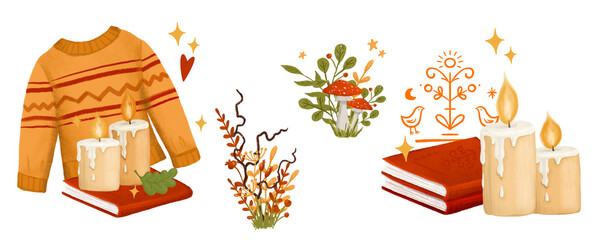 Cozy home, forest compositions for stickers, postcards, patterns, merch, elements for printing on T-shirts, tableware. Compositions of coziness in warm colors: books, sweater, candles, plants