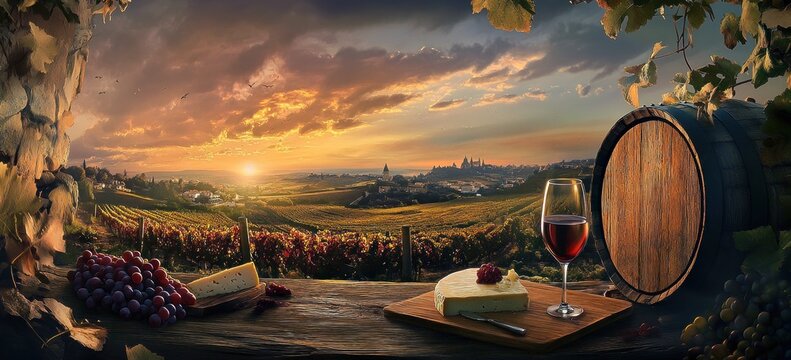 Une bouteille, un verre de vin rouge, du raisin, du fromage sur une table en bois rustique avec un tonneau et un coucher de soleil sur un vignoble en arri&egrave;re-plan.