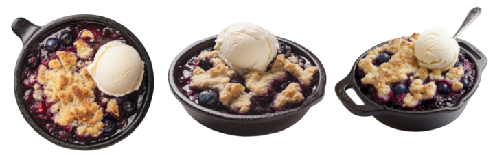 A rustic blueberry cobbler with a golden, crumbly topping, baked in a cast-iron dish and served with a scoop of vanilla ice cream, isolated on a transparent background