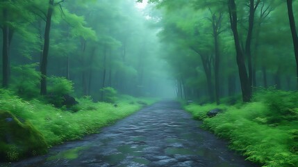 Obraz premium Misty Forest Path A Green Verdant Scene
