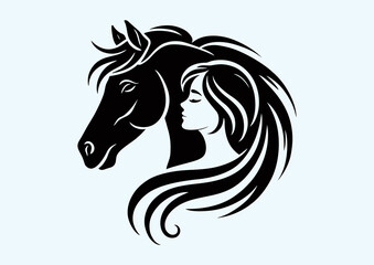 Silhouette vector portrait of young girl with horse