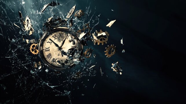 Shattered clock with gears and glass fragments exploding.