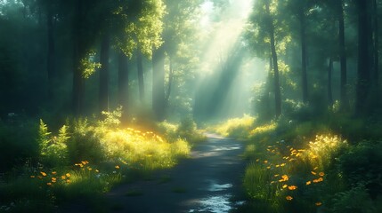 Fototapeta premium Sunlit Path Through a Misty Green Forest