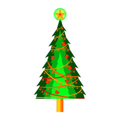 Festive Christmas tree with a star on top, decorated with ribbons, ornaments, and gift boxes. Bright and cheerful holiday illustration on a white background.