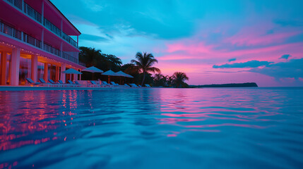Obraz premium Resort at sunset with palm trees reflecting in infinity pool and vibrant colors